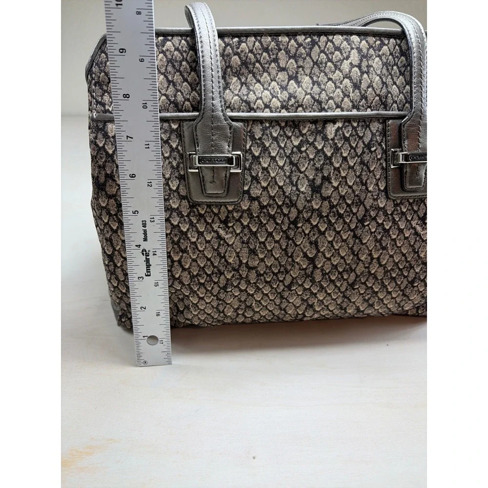 Coach Snakeskin Print Canvas Metallic Leather Trim Shoulder Bag Tote Pewter